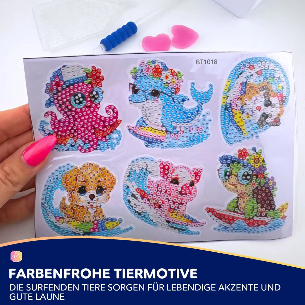 Diamond Painting Sticker Set mit bunten, surfenden Tieren als DIY-Bastelprojekt für Kinder und Erwachsene