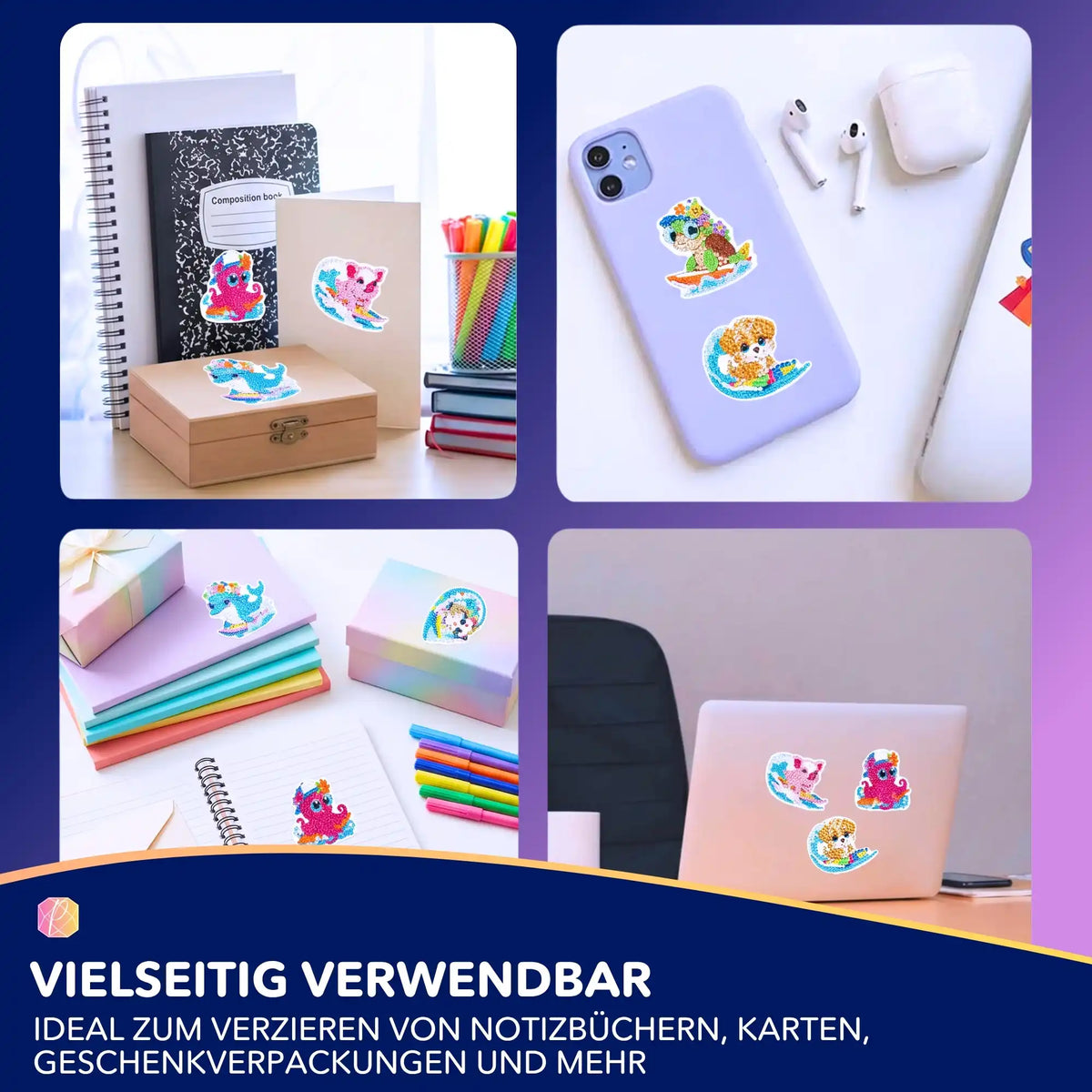 Bunte Diamond Painting Sticker mit Tier-Surfer-Motiven zur Dekoration von Notizbüchern, Handys und Laptops
