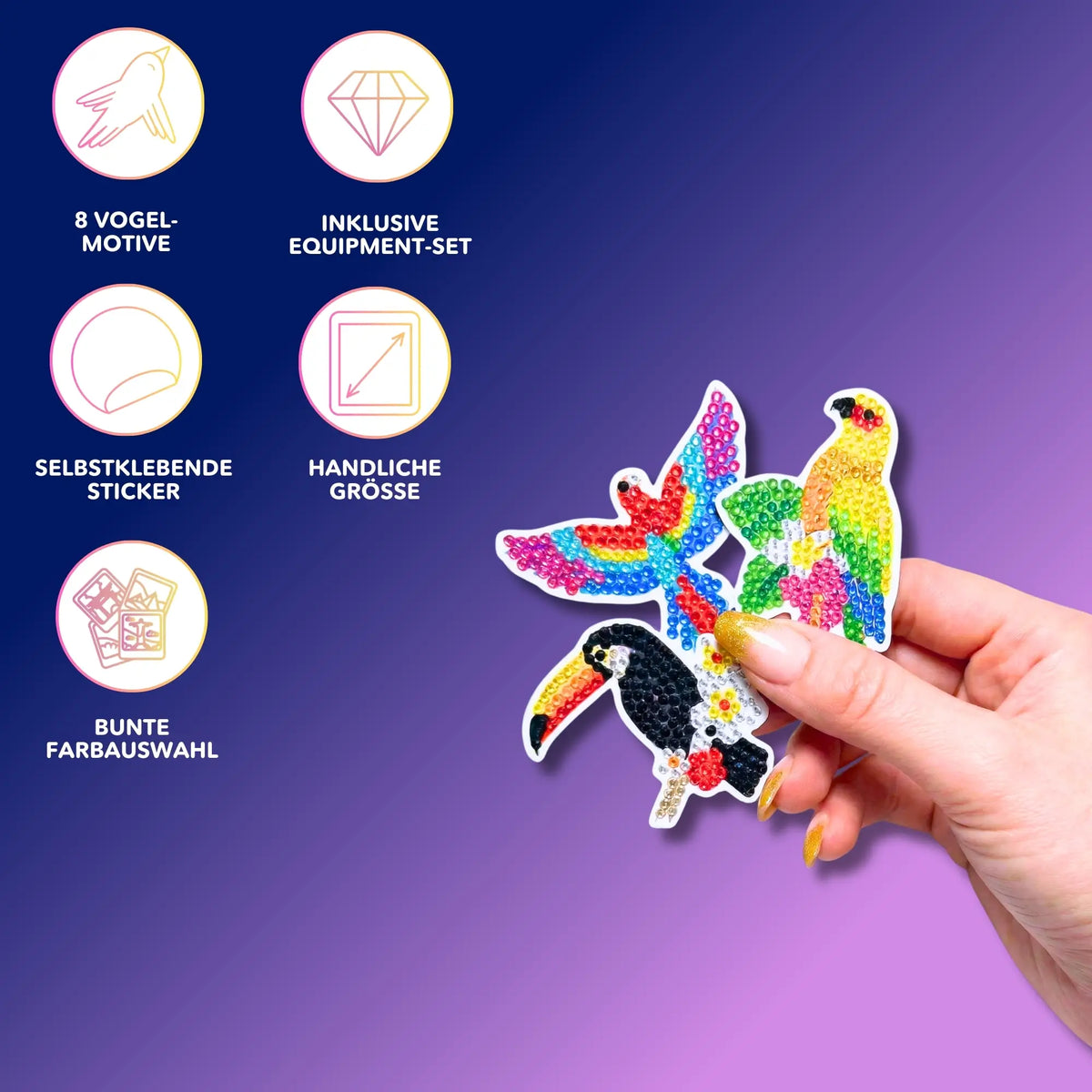 Diamond Painting Sticker Set mit bunten Vögel Motiven – glitzernde DIY Aufkleber für kreative Bastelprojekte