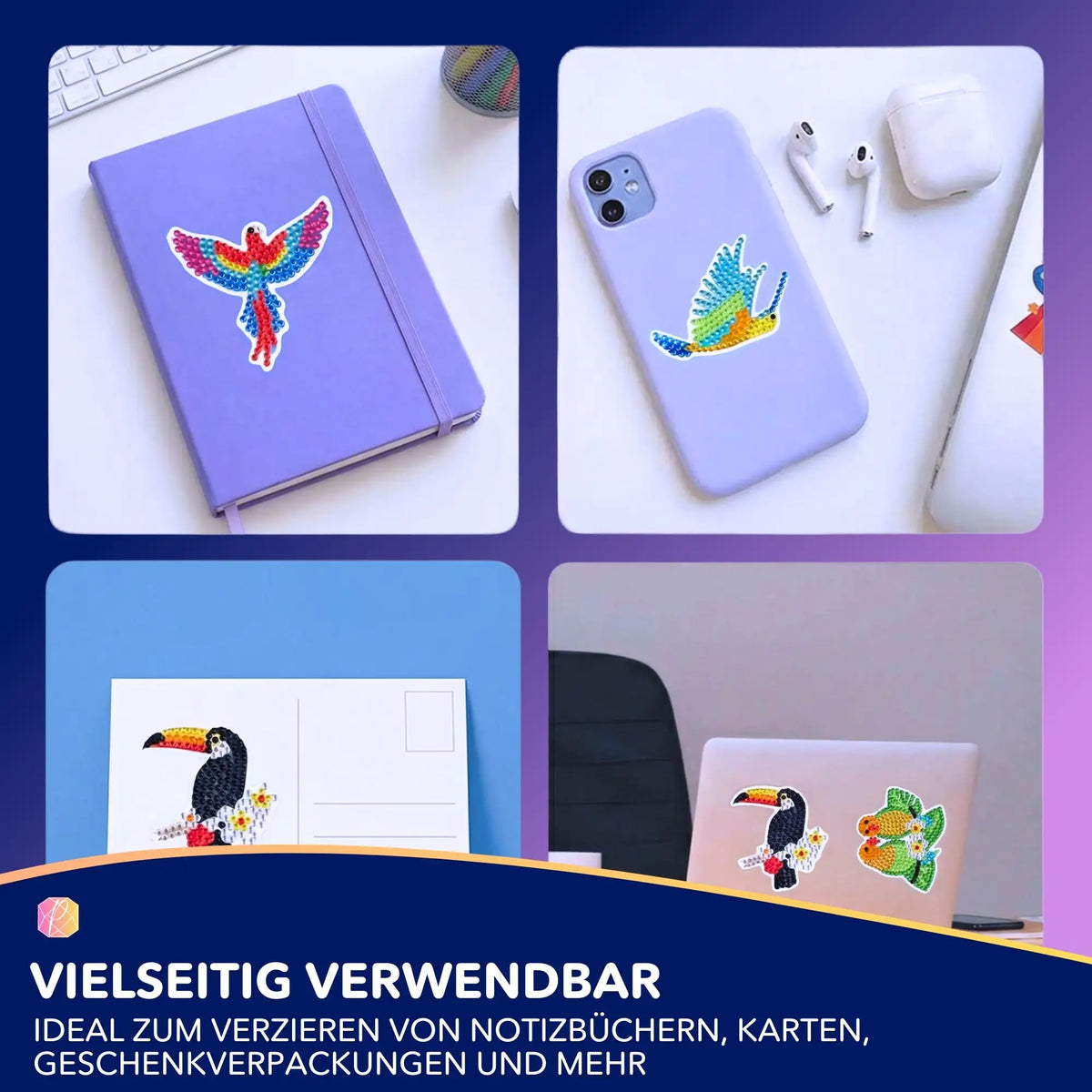 Diamond Painting Sticker Set mit bunten Vögeln zum Verzieren von Notizbüchern, Smartphones und Grußkarten