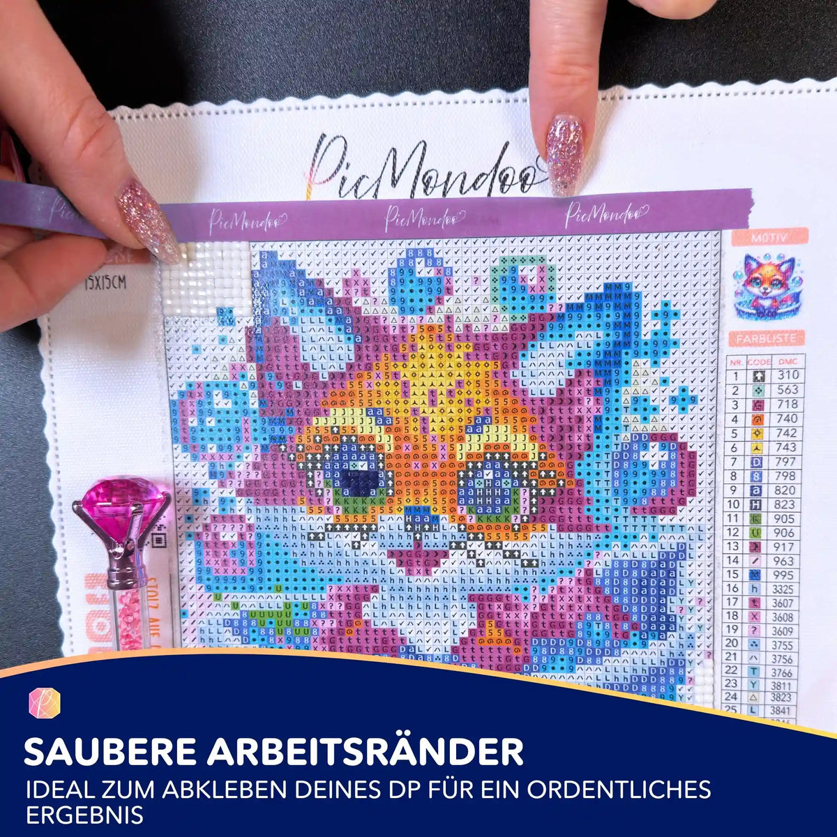 Lila Picmondoo Diamond Painting Klebeband für perfekt gerade Steinreihen auf einer bedruckten Leinwand