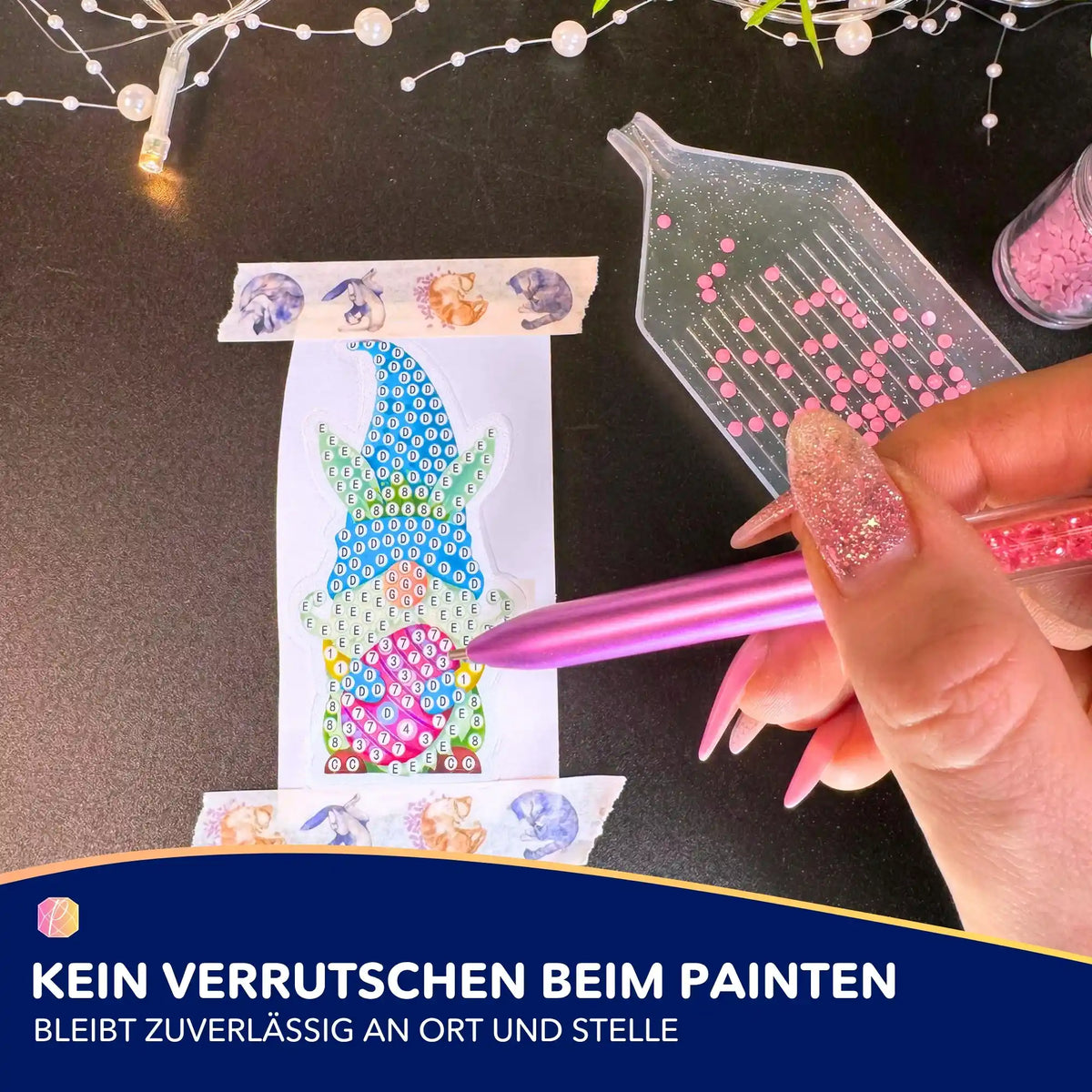 Diamond Painting Klebeband mit Kätzchen-Motiv für gerade Steinreihen auf einer Zwerg-Leinwand mit Applikator-Stift