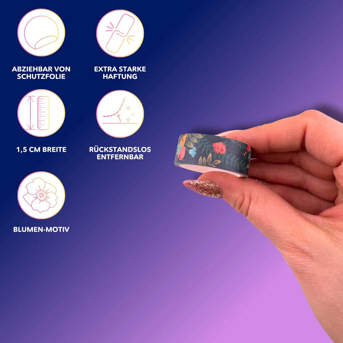 Blumen-Klebeband Rolle als Diamond Painting Zubehör für gerade Steinreihen mit hilfreichen Produktinfos