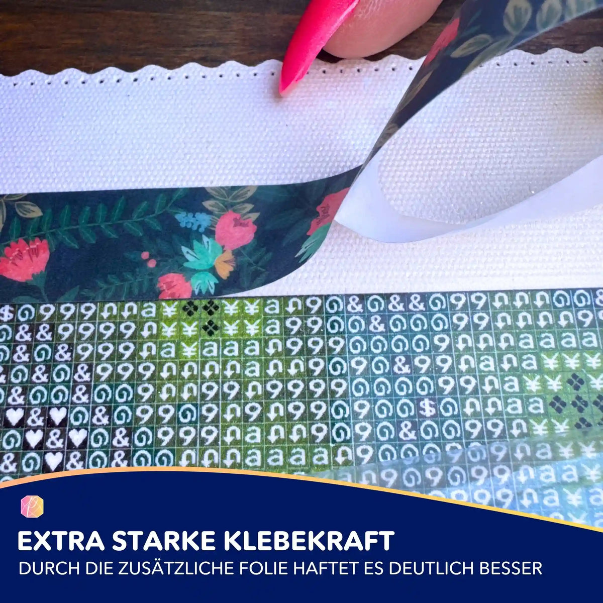 Blumiges Diamond Painting Klebeband zur Fixierung gerader Steinreihen auf der Leinwand für saubere Kanten.