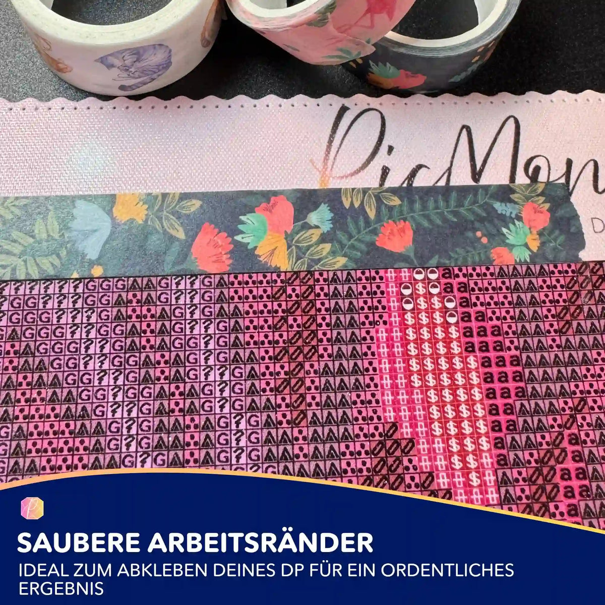 Blumiges Washi-Klebeband auf Diamond Painting Leinwand zur Fixierung gerader Steinreihen und sauberer Ränder