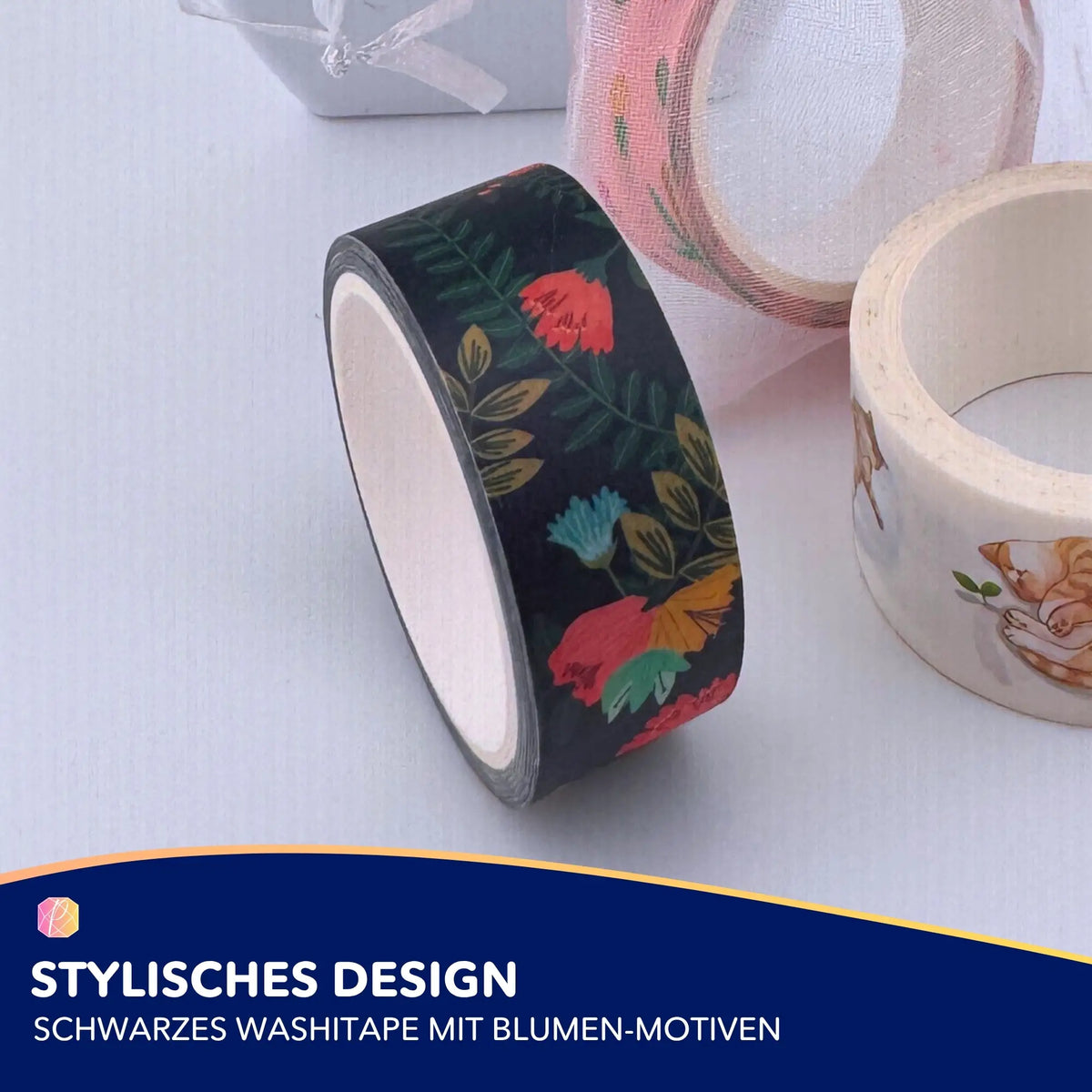 Schwarzes Washi Tape mit Blumen-Motiven als praktisches Diamond Painting Zubehör für gerade Steinreihen
