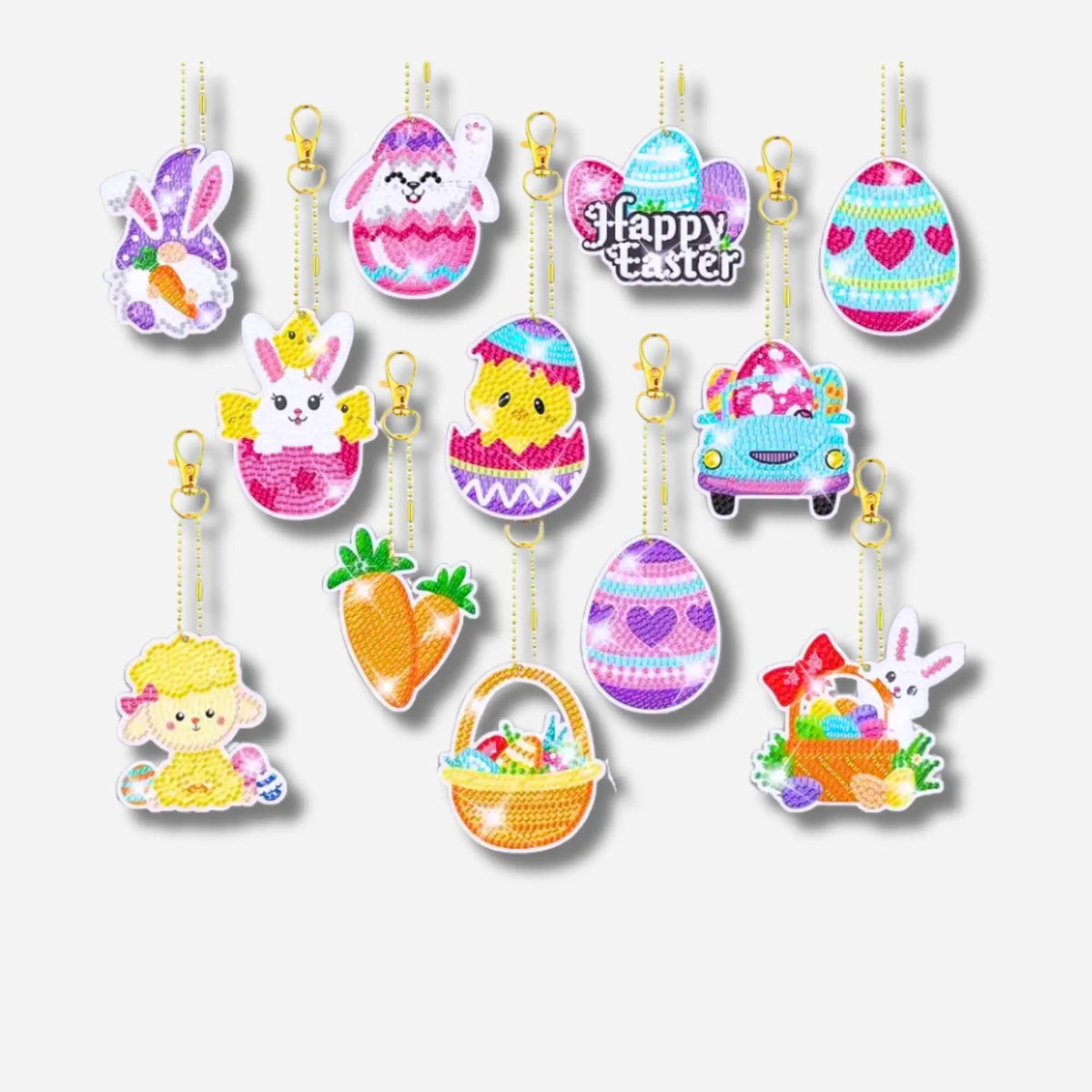 Funkelnde Diamond Painting Oster-Anhänger Sets zum Basteln als kreative Osterdeko in zwölf frühlingshaften Motiven