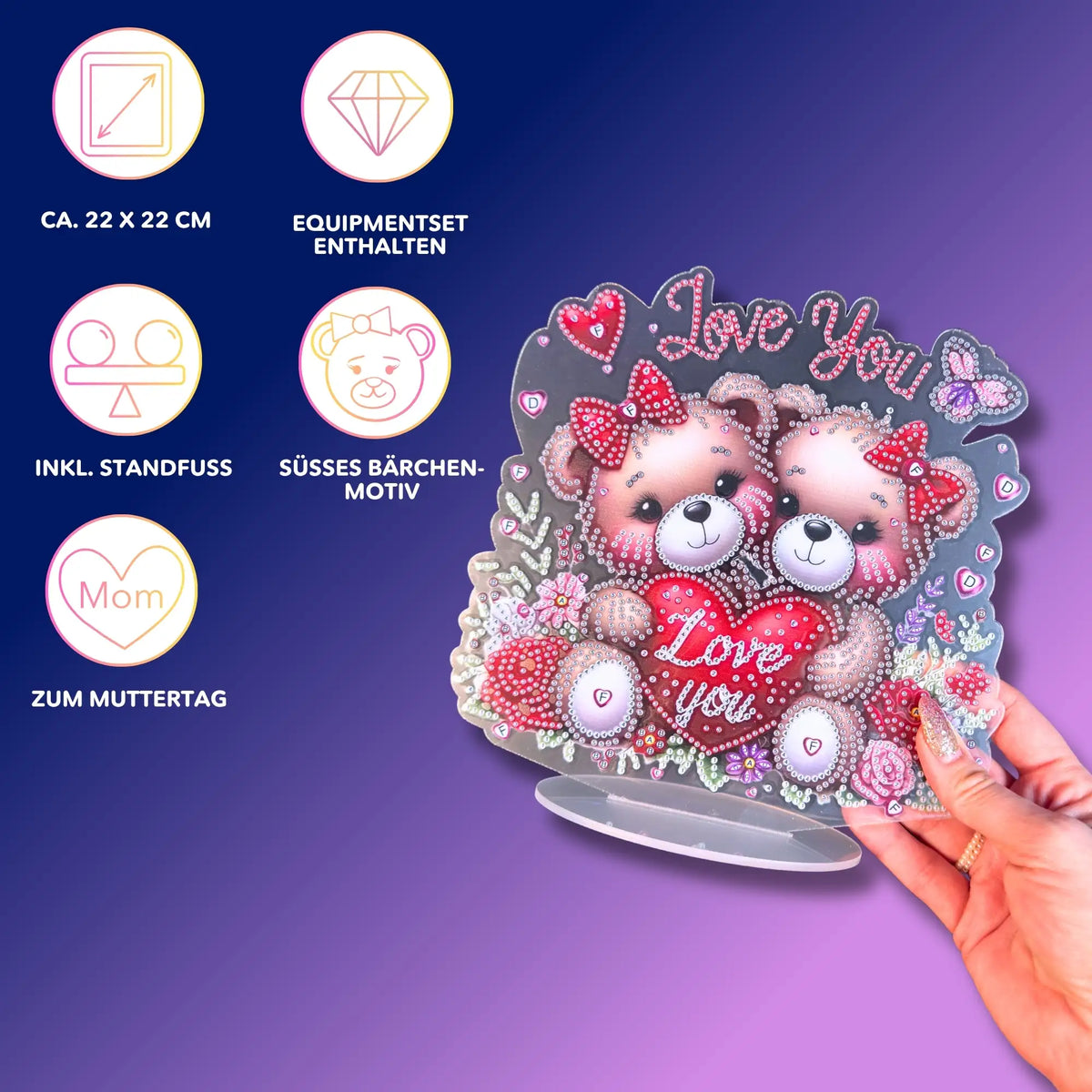Diamond Painting Aufsteller Bären mit roten Herzen und I Love You Schriftzug als DIY Geschenkidee zum Muttertag