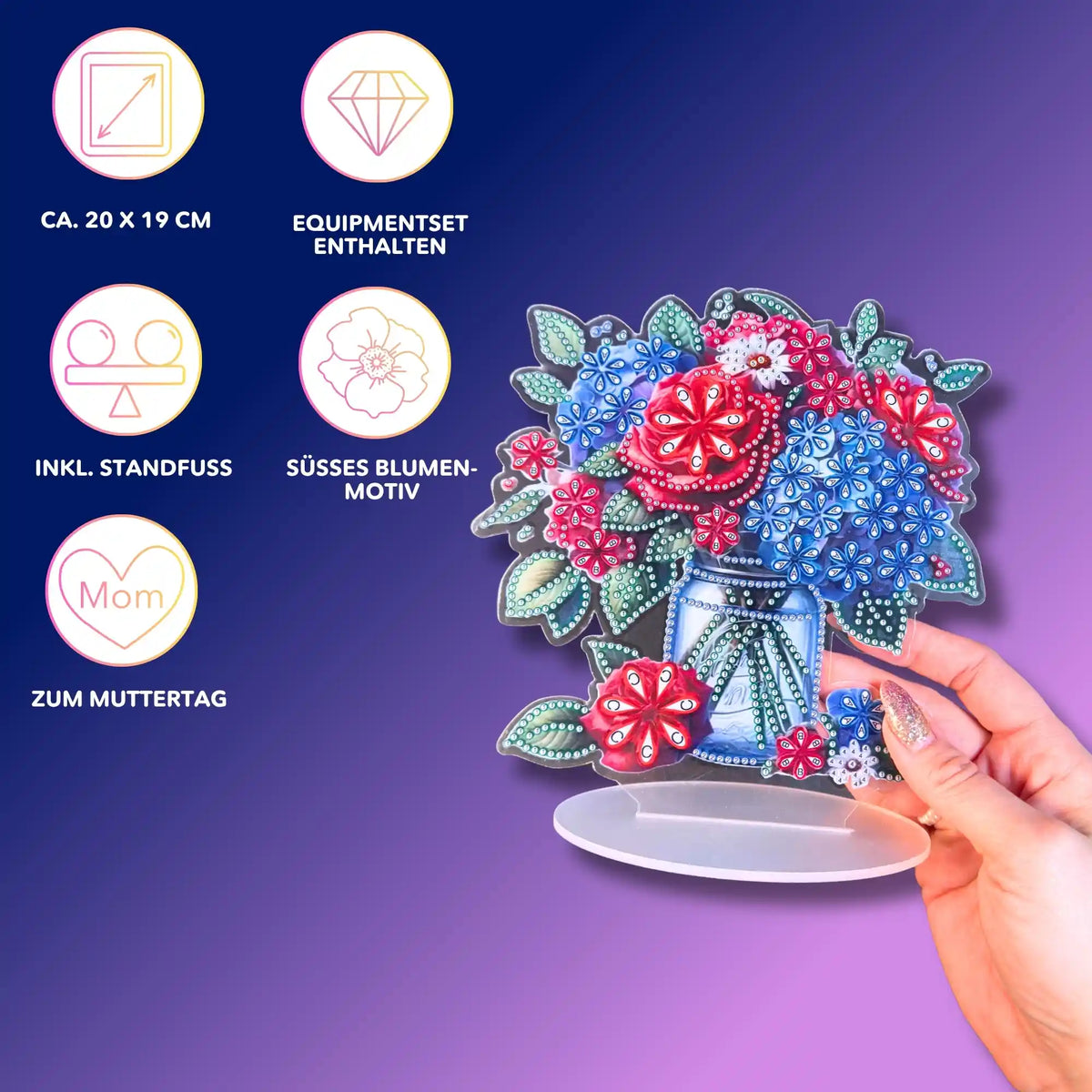 Diamond Painting Aufsteller Blumenstrauß mit Standfuß als DIY Geschenk zum Muttertag mit bunten Glitzersteinen