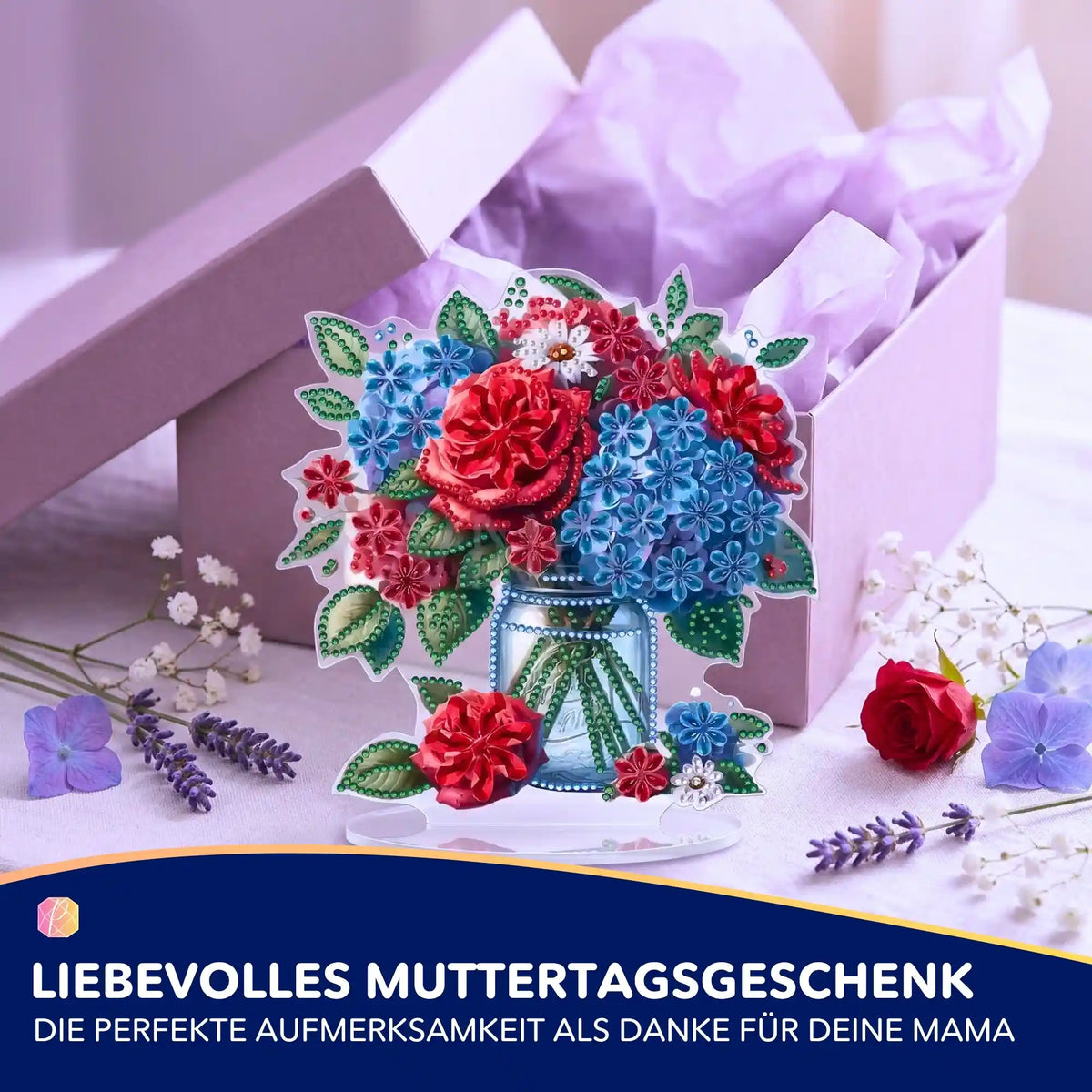 Diamond Painting Aufsteller Blumenstrauß mit bunten Glitzersteinen als DIY-Geschenk für Muttertag in Geschenkbox