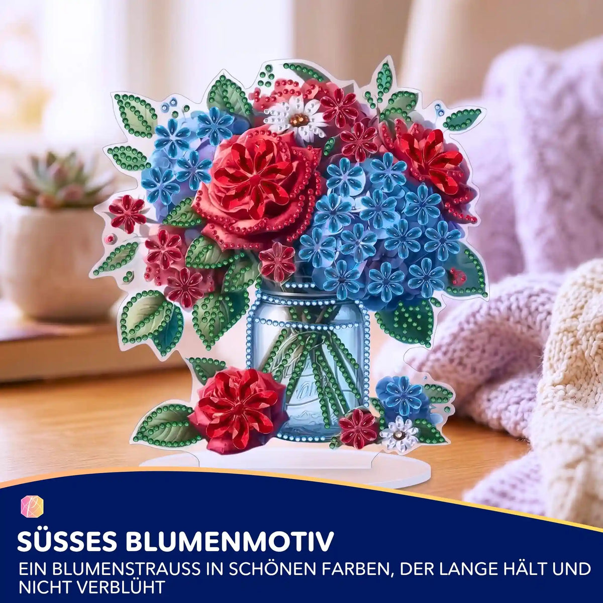 Diamond Painting Aufsteller Blumenstrauß mit bunten Glitzersteinen als dekoratives DIY-Zubehör für Geschenke