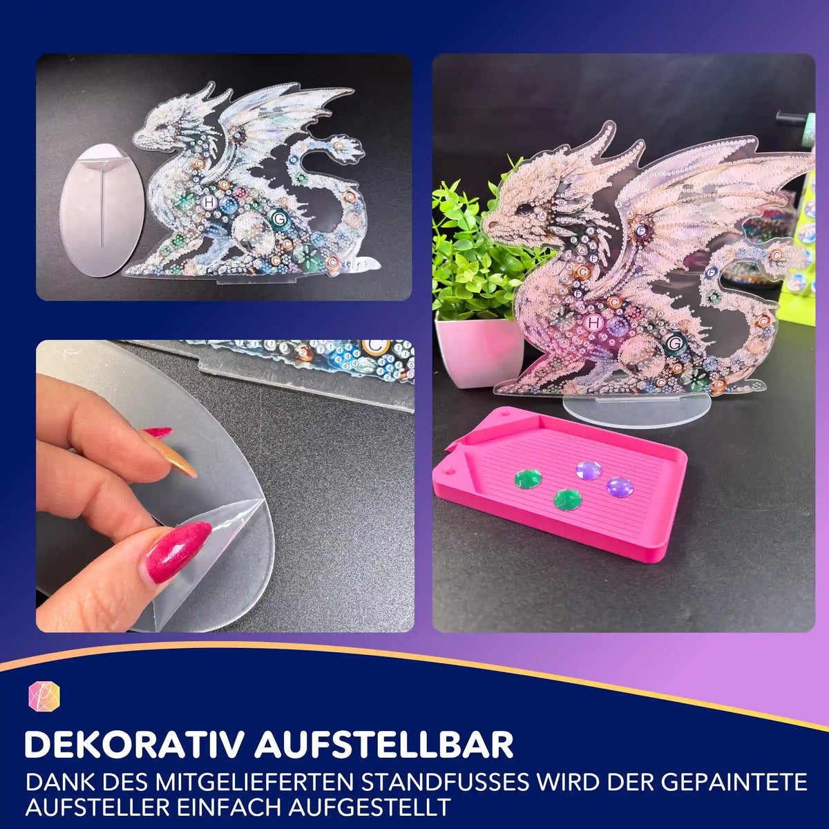 Diamond Painting Aufsteller Weißer Drache mit bunten Steinen, inklusive Standfuß für ein magisches DIY-Deko-Ergebnis.