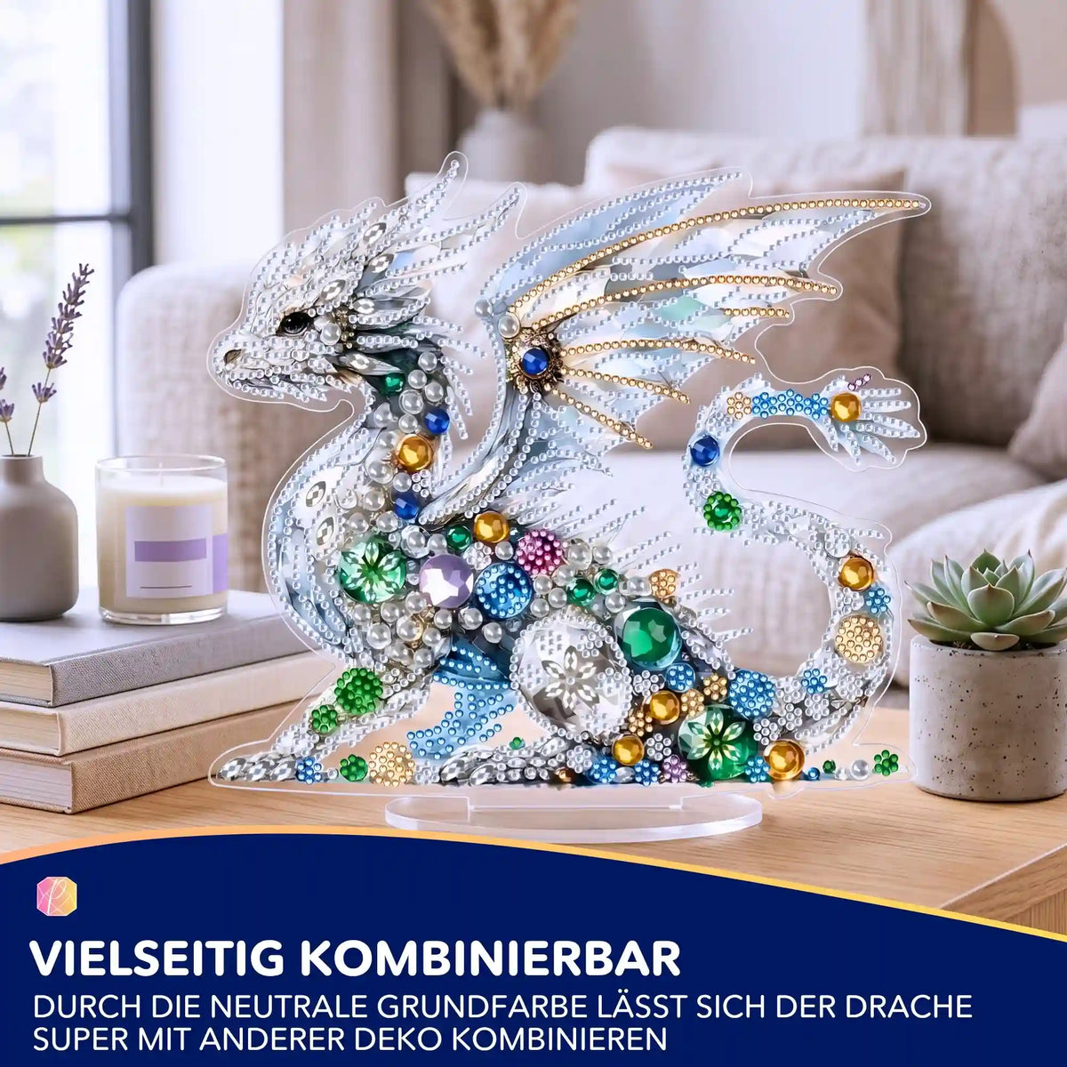 Dekorativer Diamond Painting Aufsteller Weißer Drache mit glitzernden Schmucksteinen als DIY-Wohnaccessoire