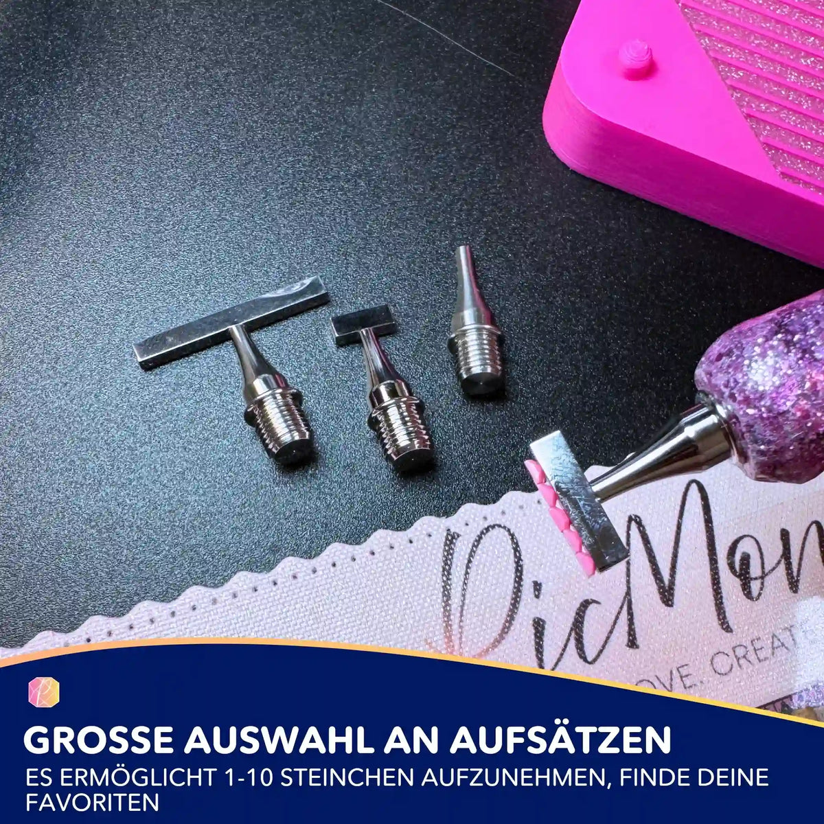 10-teiliges Diamond Painting Aufsatz Set für Stifte zur effizienten Aufnahme von Glitzersteinchen.