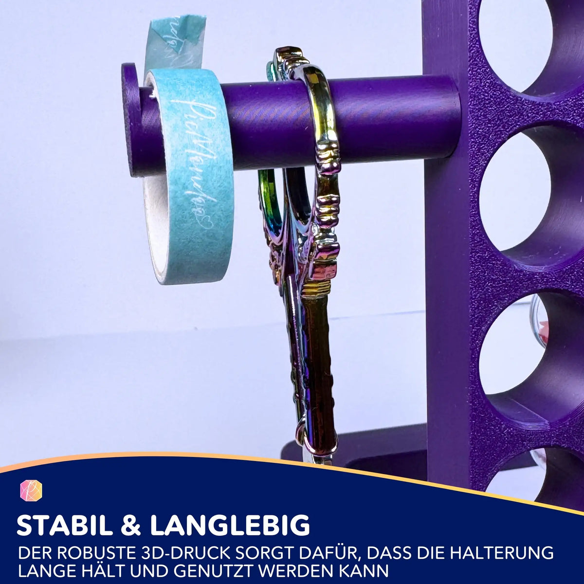 Violette 3D-gedruckte Halterung für Diamond Painting Zubehör mit Schere und Washitape zur praktischen Aufbewahrung