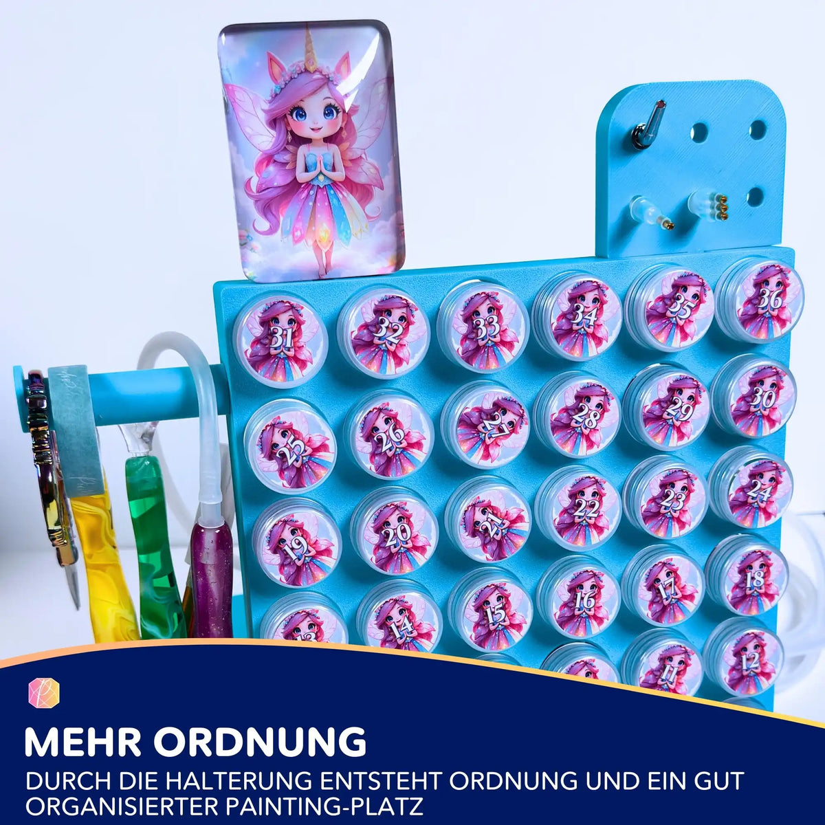 Hellblaue 3D-gedruckte Halterung für Diamond Painting Zubehör mit Döschenwand zur Aufbewahrung von verschiedenen Aufsätzen