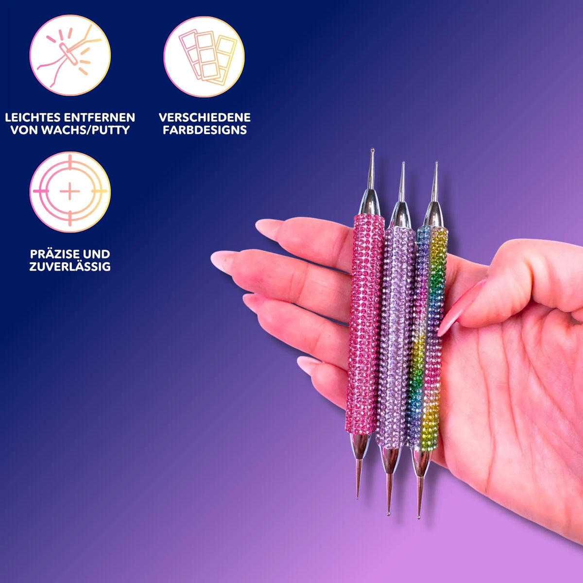 Diamond Painting Wachs Entferner Tool und glitzernde Stifte zur leichten Reinigung von Putty und Wachsrückständen.