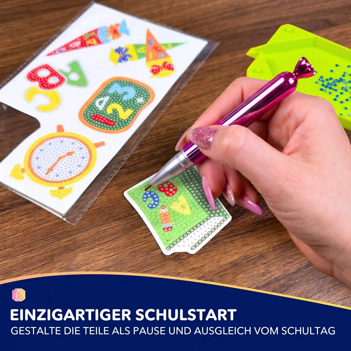 Diamond Painting Schul-Set für Kinder mit Stickern, Glitzersteinen, Stift und Ablageschale für kreativen Schulstart