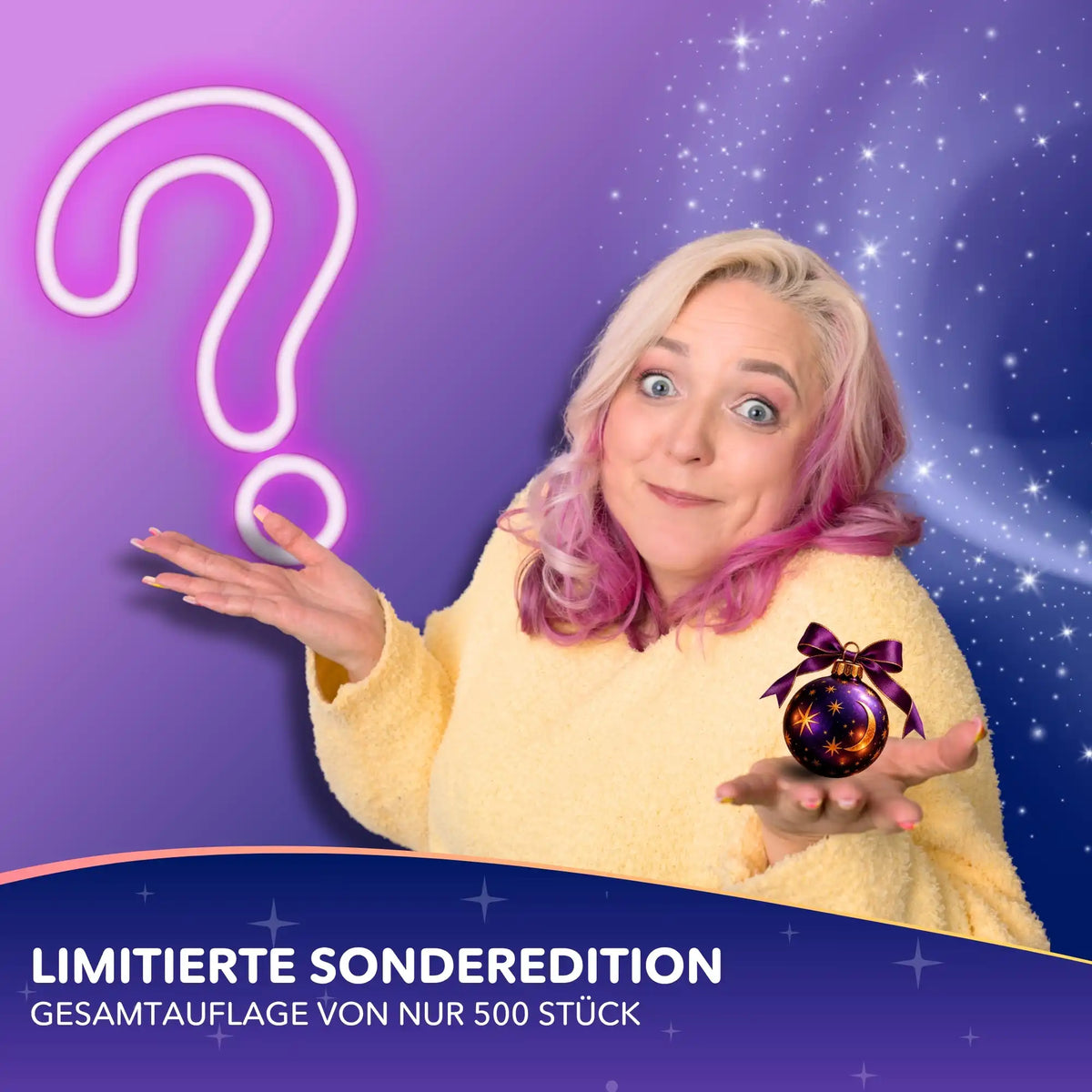 Diamond Painting Mystery-Box Christmas Edition: Frau mit leuchtendem Fragezeichen und festlicher Weihnachtskugel