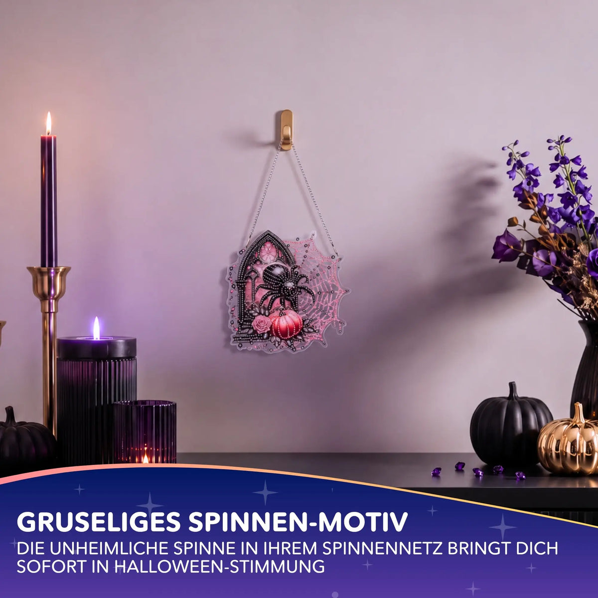 Diamond Painting Aufhänger Spinne mit pink-schwarzem Halloween-Motiv als moderne DIY-Wanddeko mit glitzernden Steinen