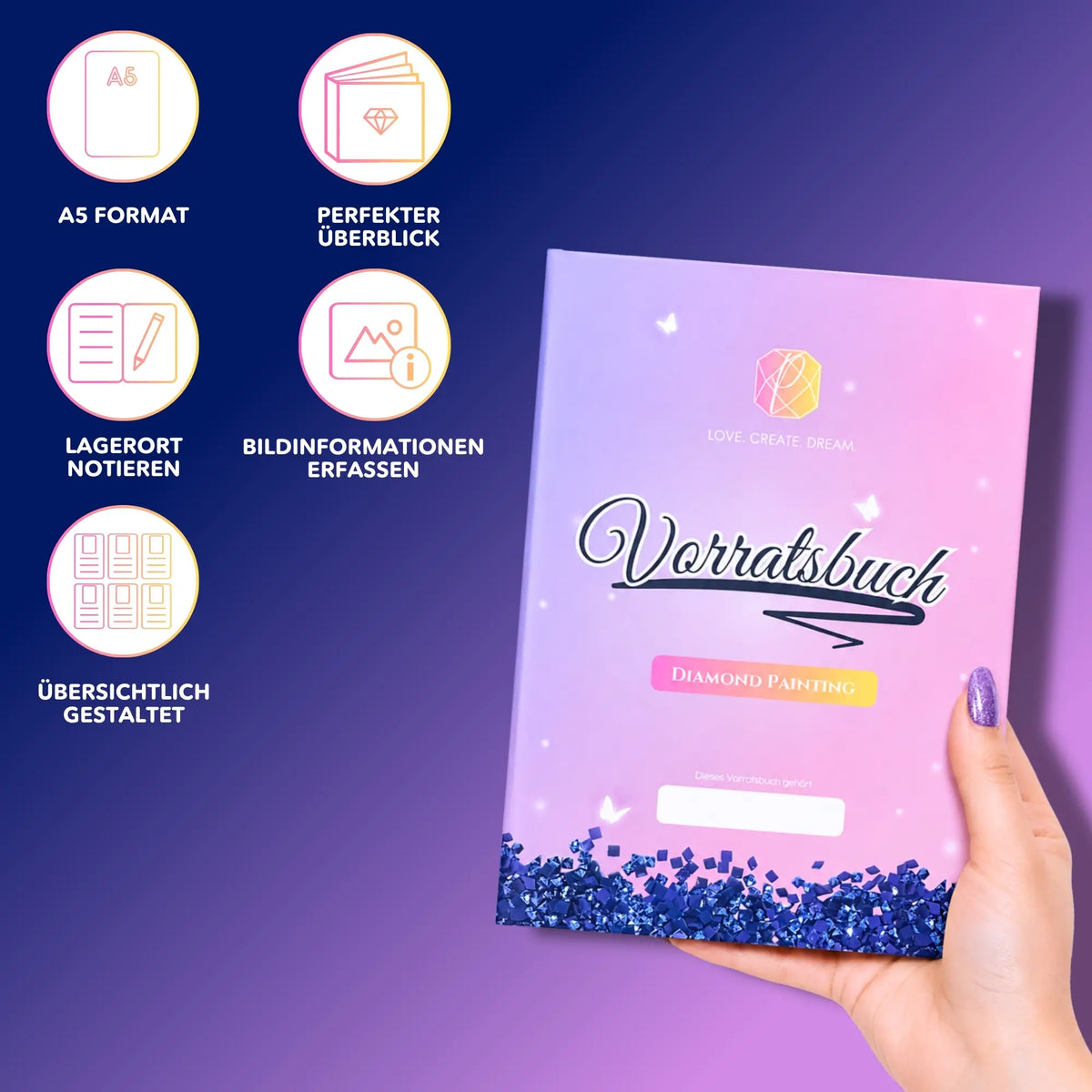 Diamond Painting Vorratsbuch im A5 Format zur Organisation von Projekten, Projektnotizen und Diamanten Painting Zubehör