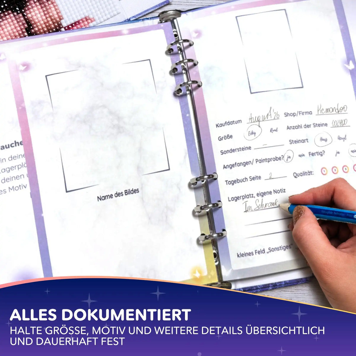 Diamond Painting Vorratsbuch zur Organisation deiner Kunstwerke mit handgeschriebenen Projektdetails und Notizen.