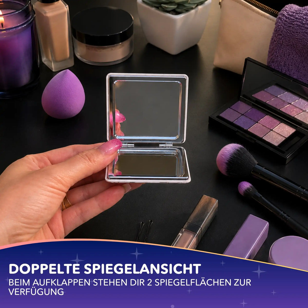 Diamond Painting Taschenspiegel mit Mandala-Motiv und doppelter Spiegelfläche zum Aufklappen für unterwegs.