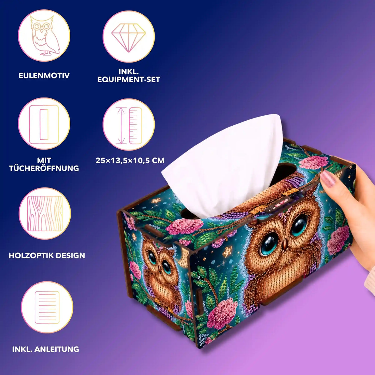 Diamond Painting Tücherbox mit Eulenmotiv und glitzernden Steinchen als DIY-Set für Erwachsene inklusive Zubehör.