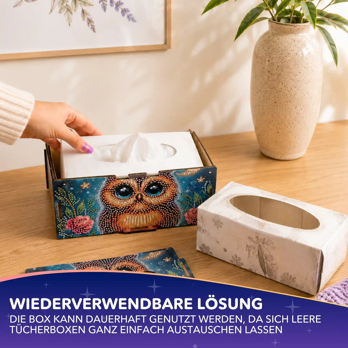 Diamond Painting Tücherbox mit Eulenmotiv und glitzernden Strasssteinen als dekoratives DIY-Bastelset