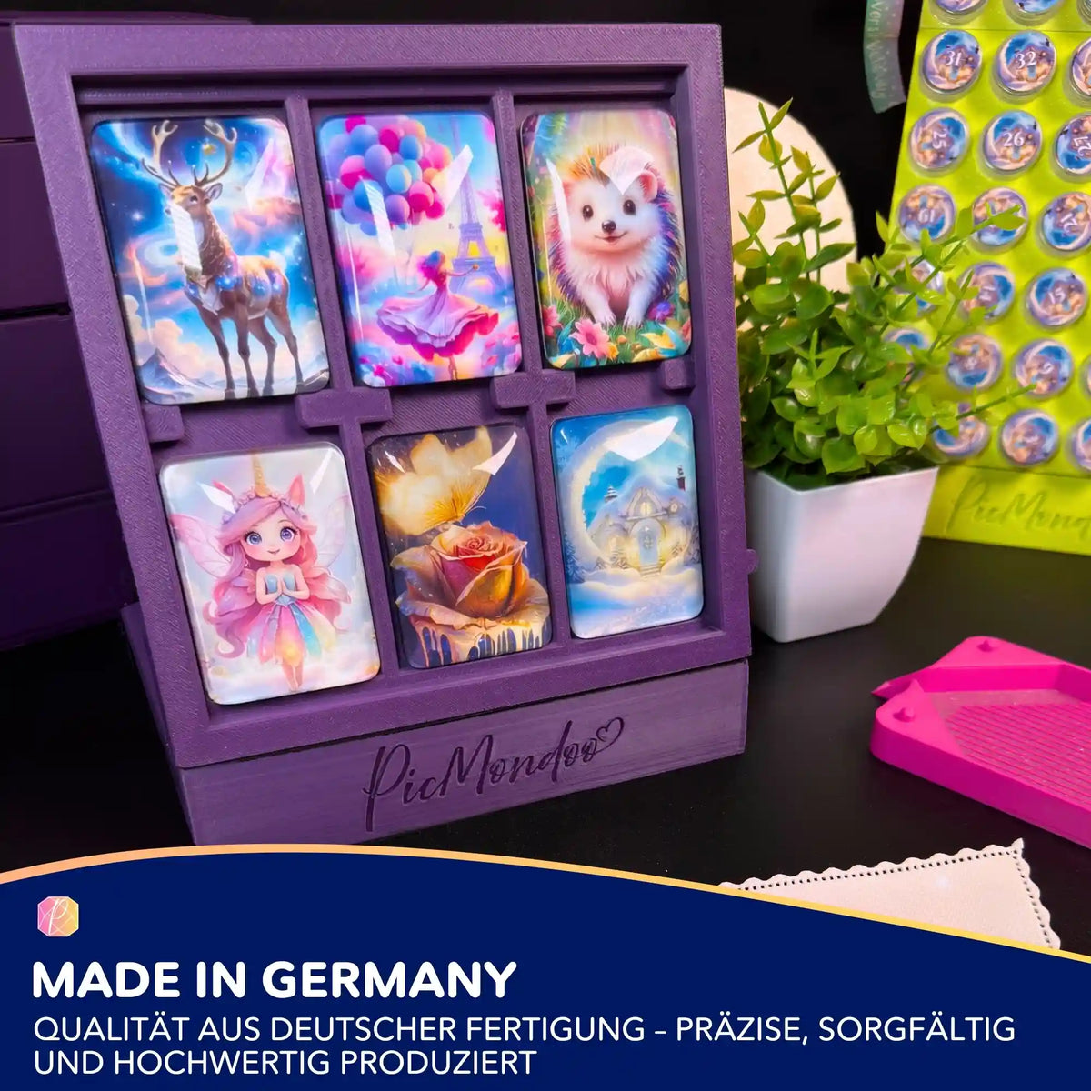Lila 3D Coverminder Brett von Picmondoo zur stilvollen Aufbewahrung und Präsentation von Diamond Painting Zubehör.