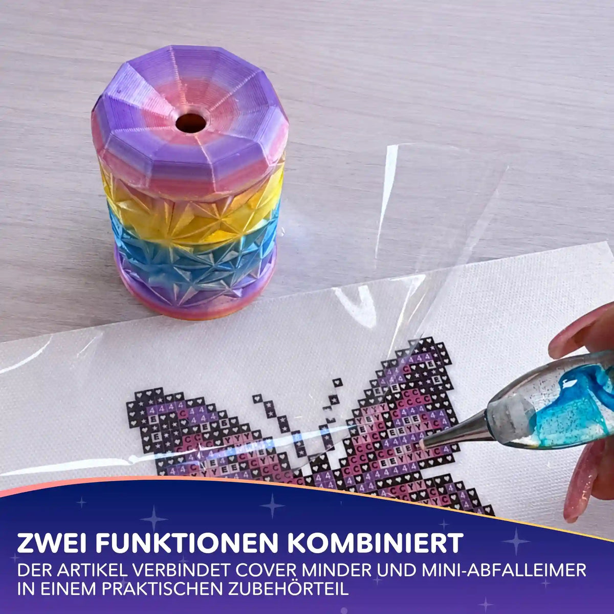 Bunter Cover Minder Mülleimer für Diamond Painting Zubehör auf einer Leinwand mit Schutzfolie und Diamond Pen