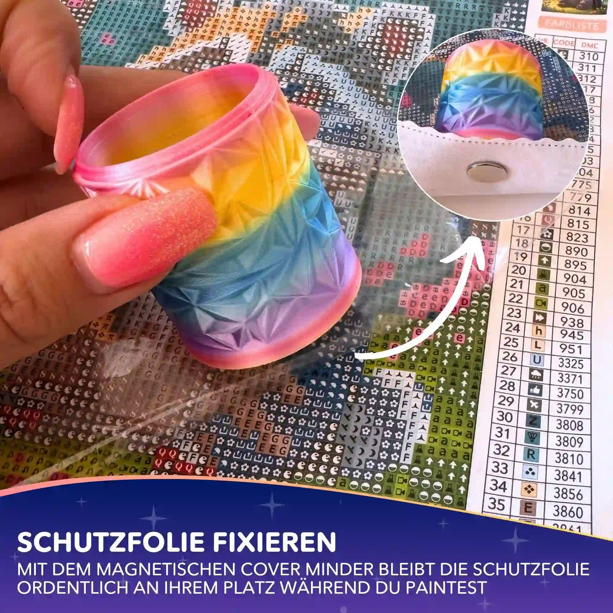 Regenbogenfarbener Cover Minder Mülleimer als magnetisches Zubehör für Diamond Painting auf einer Leinwand.