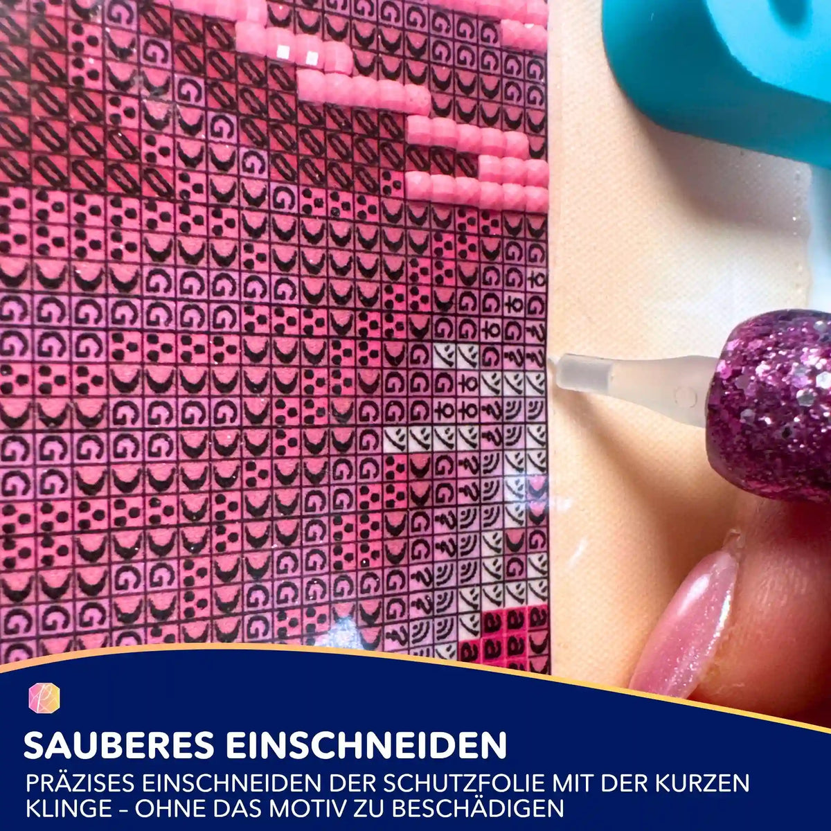 Diamond Painting Stiftaufsatz mit Cutter zum präzisen Schneiden der Schutzfolie auf einer bedruckten Leinwand