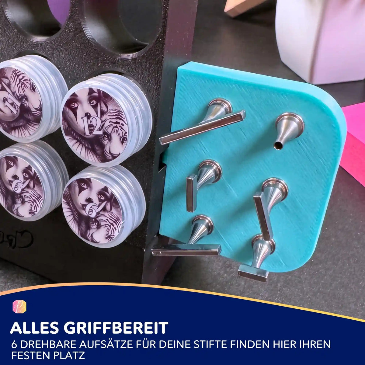 Türkise 3D-gedruckte Halterung für 6 metallene Diamond Painting Aufsätze zur praktischen Aufbewahrung und Ordnung