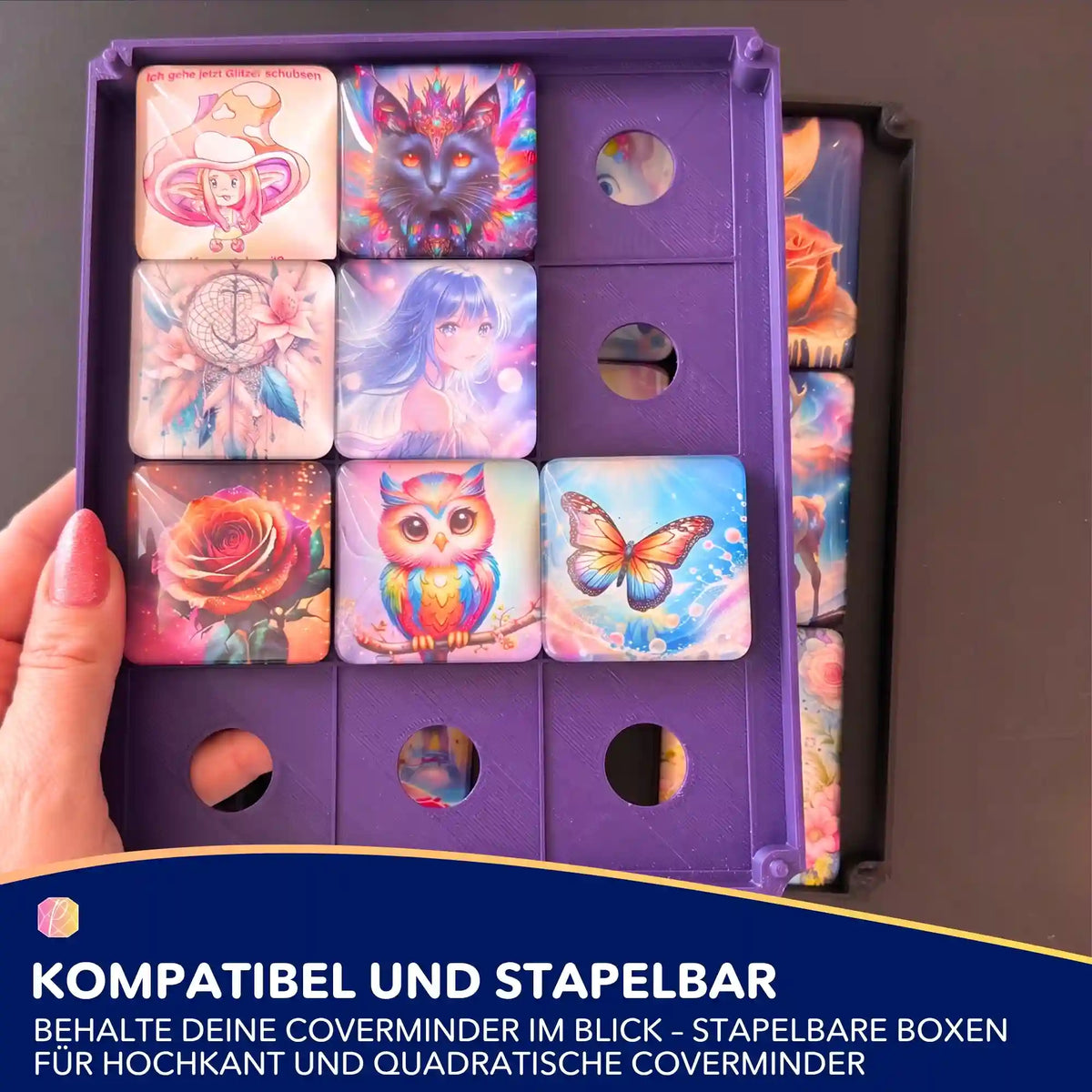 Violette 3D Aufbewahrungsbox mit magnetischen Coverminder für Diamond Painting in verschiedenen Motiven