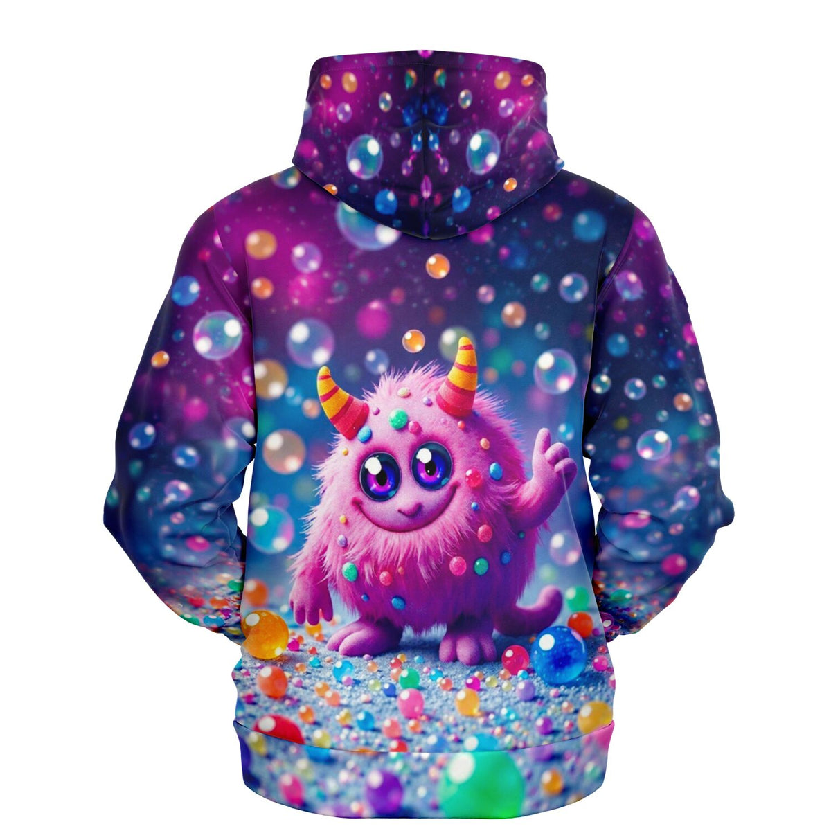 Dreamer Hoodie im bunten Monster-Design mit schwebenden Seifenblasen im Stil eines farbenfrohen Malen nach Zahlen Motivs