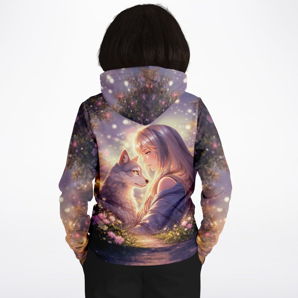 Dreamer Hoodie mit Anime-Motiv eines Mädchens und Wolfs, ähnlich kunstvollen Diamond Painting oder Malen nach Zahlen Sets