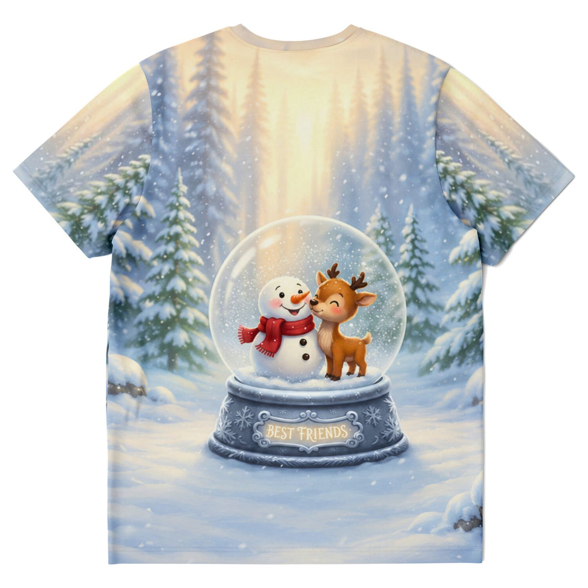 T-Shirt mit Best Friends Schneekugel-Motiv: Schneemann und Rentier in Winterlandschaft, passend zu Malen nach Zahlen Designs.