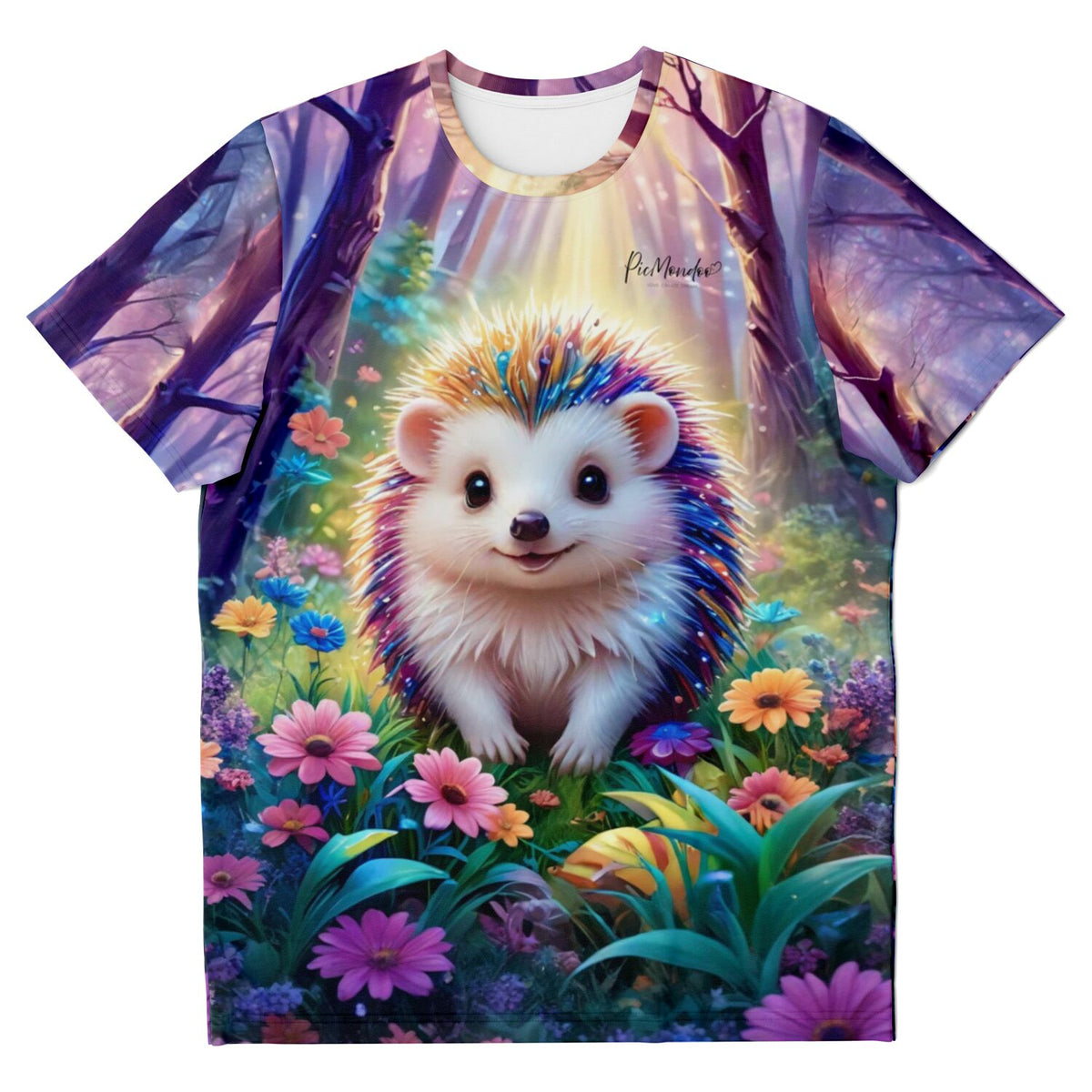T-Shirt mit buntem Igel-Motiv im Fairydust-Stil, inspiriert von unseren Diamond Painting und Malen nach Zahlen Designs