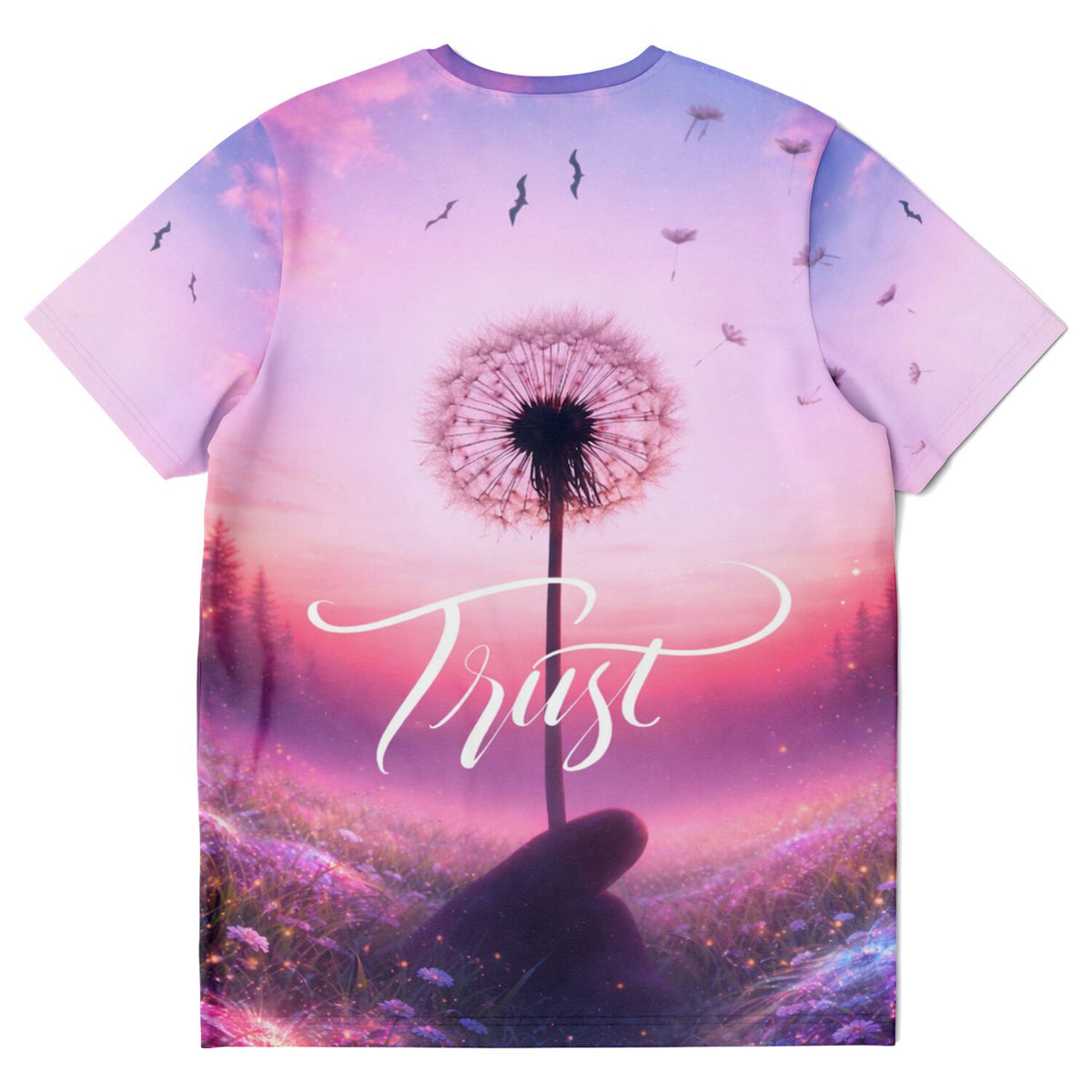 Dreamer T-Shirt mit Trust-Schriftzug und Pusteblume vor romantischem Sonnenuntergang im Stil eines Diamond Painting