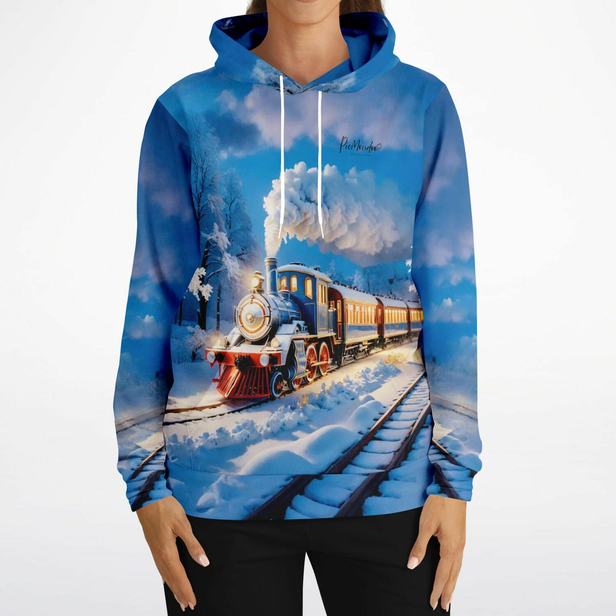 Dreamer Hoodie Night Train Motiv – hochwertiger AOP-Kapuzenpullover mit winterlicher Dampflokomotive für Kunst-Fans