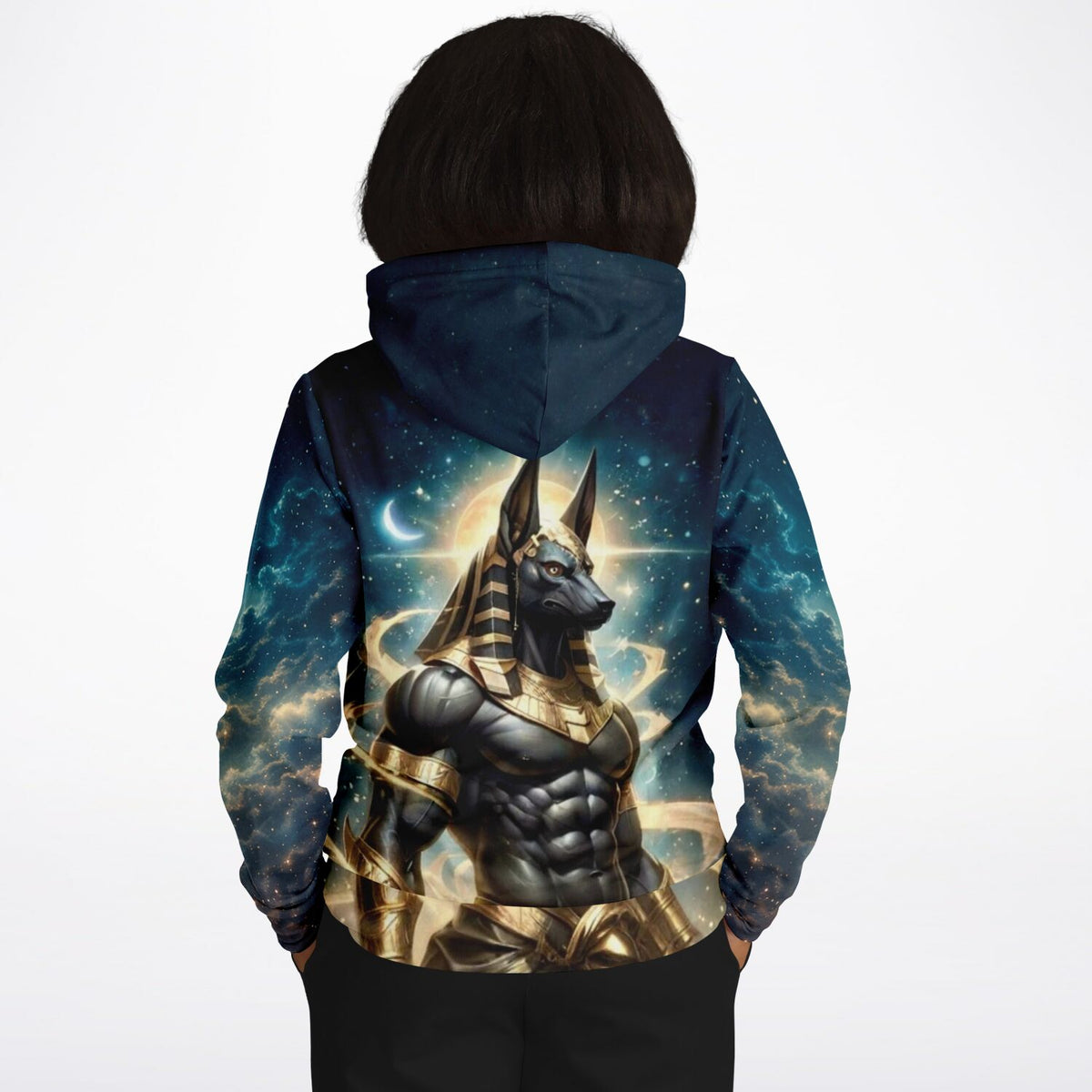 Hoodie mit Anubis Ägypten Motiv im Weltraum Design. Hochwertiger AOP Druck perfekt für Fans von Malen nach Zahlen Motiven.