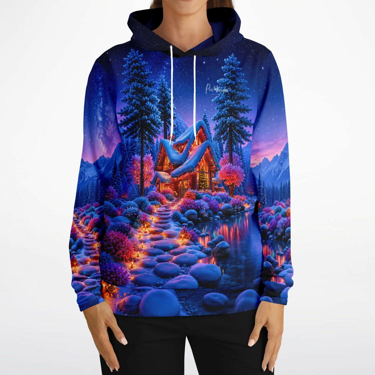 Dreamer Hoodie Weihnachten im Lichterwald mit weihnachtlichem Waldhaus-Motiv, inspiriert durch Diamond Painting Kunst