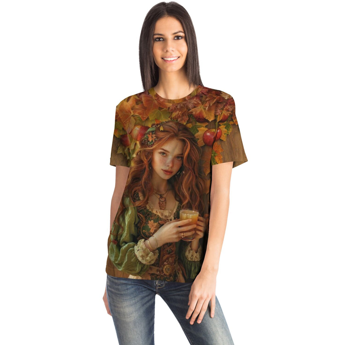 Frau trägt ein T-Shirt mit Apfelmädchen Ruby Motiv, bekannt aus unseren Diamond Painting und Malen nach Zahlen Kollektionen