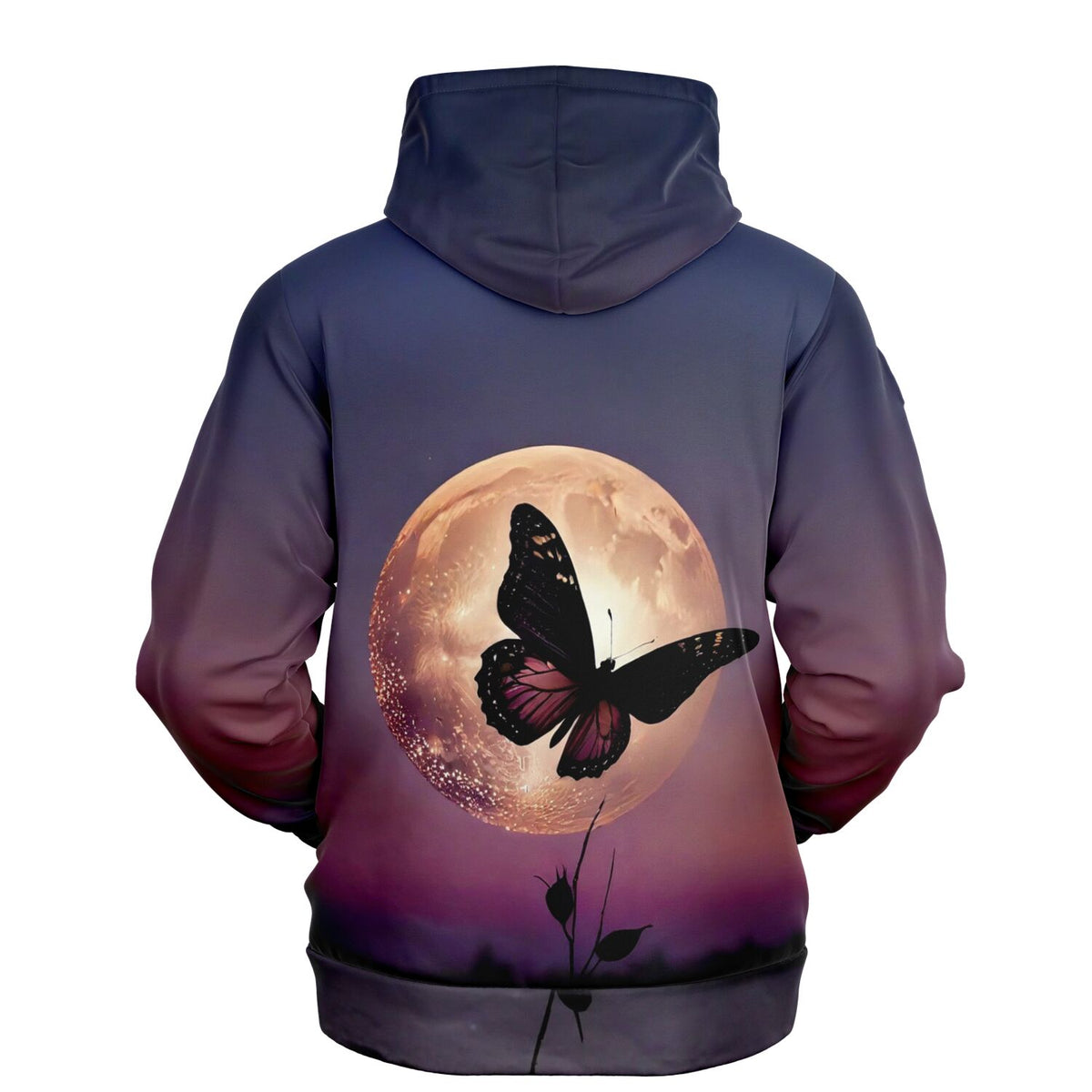 Dreamer Hoodie Nightfly mit Schmetterling vor Vollmond Motiv, stylischer Allover-Print in Lila- und Blautönen