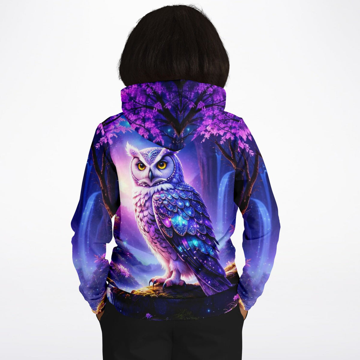 Dreamer Hoodie Hüterin der Dämmerung mit mythischer Eulen-Grafik im Diamond Painting Stil, lila Wald-Motiv für Erwachsene