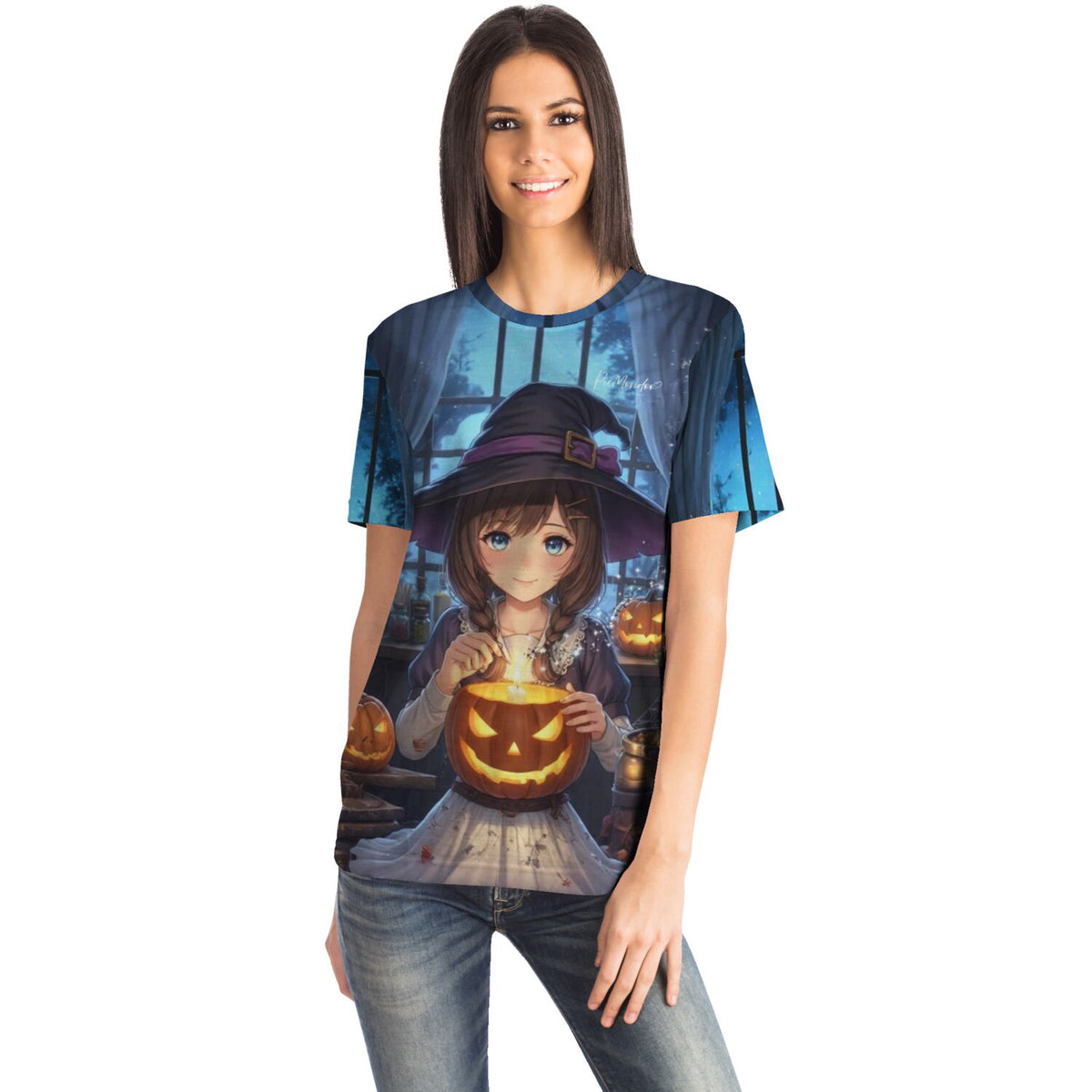 Frau trägt ein T-Shirt mit Little Sabrina Diamond Painting Motiv, Anime-Hexe mit Kürbis-Laterne im Halloween-Design.