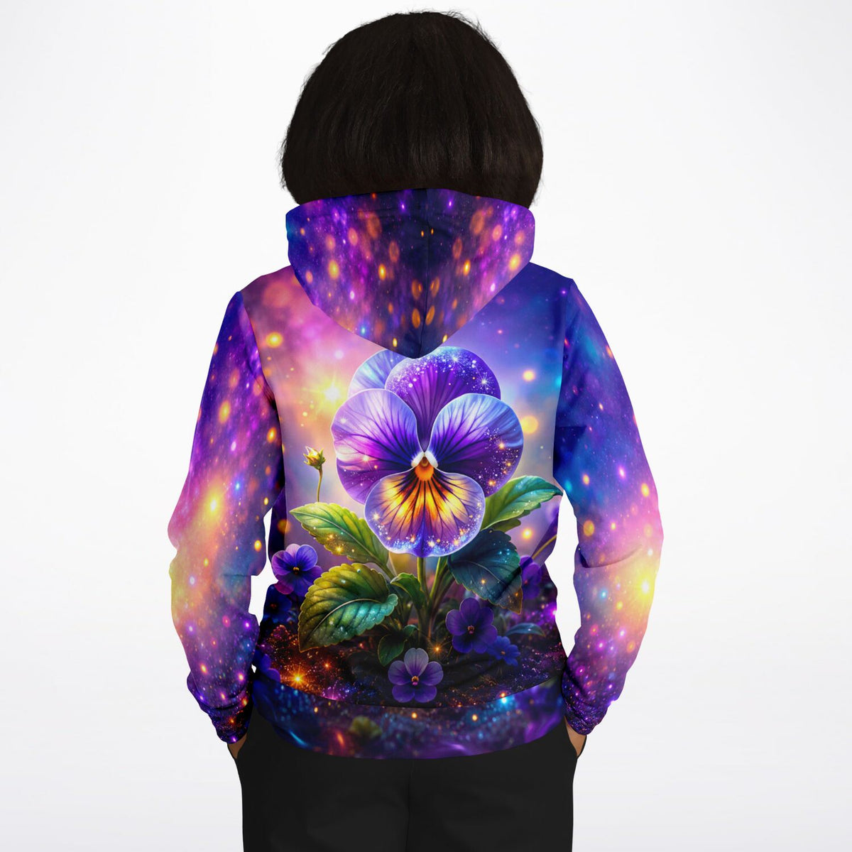 Dreamer Hoodie Sternenveilchen mit leuchtendem Stiefmütterchen-Motiv, Galaxie-Design und lebendigen lila Farbverläufen