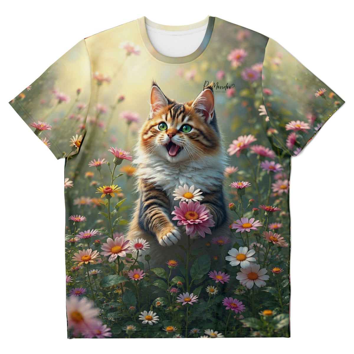 T-Shirt mit süßer Katze inmitten bunter Blumenwiese, inspirierendes Motiv wie bei Diamond Painting und Malen nach Zahlen
