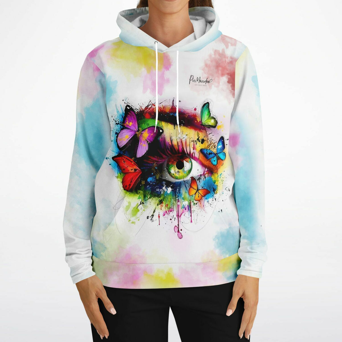 Dreamer Hoodie mit buntem Eye-of-Butterflies-Motiv, kunstvolles Aquarell-Design im Stil von Malen nach Zahlen Kunst
